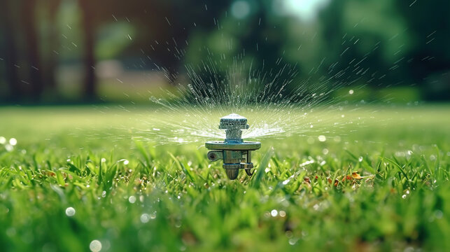 Garden irrigation system lawn. Automatic lawn sprinkler watering green grass. Selective focus. Generative Ai