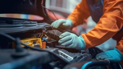Fototapeta na wymiar Selective focus hands in gloves of expert technicain electric car, EV car while opened A used Lithium-ion car battery before its repair. Generative Ai