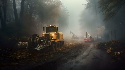 Fototapeta na wymiar Construction Forest Damage Abandoned Mystic Foggy Atmosphere - Save the planet