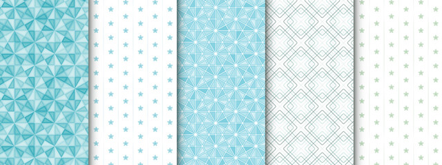 Set of minimal geometric seamless patterns, in bright cold blue and green colors. Collection of backgrounds with abstract shapes of flowers, meshes and tangles