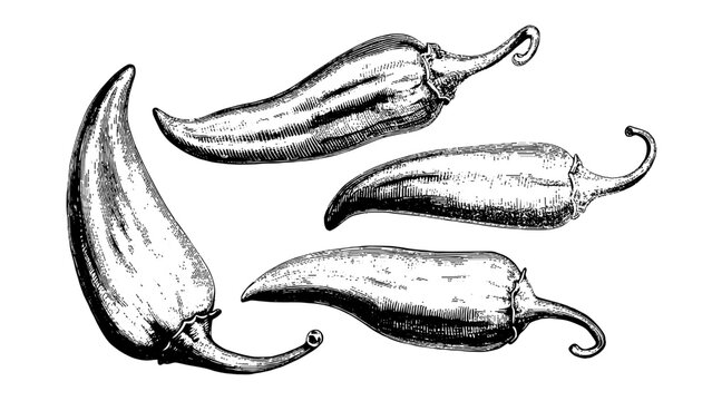 Hand drawn engraving style pepper chilli illustration set. Vintage hatching vector black image.