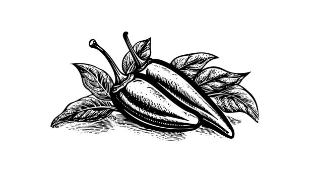 Hand drawn engraving style pepper chilli illustration set. Vintage hatching vector black image.