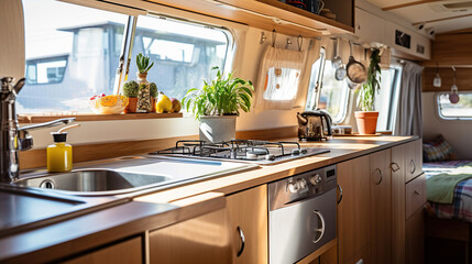 cozy kitchen interior in the trailer of mobile home or recreational vehicle, concept of family local travel in native country on caravan or camper van and camping life. Generative Ai