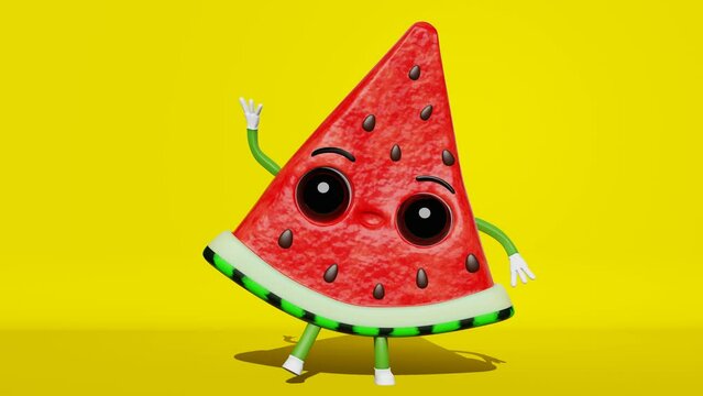 Cute dancing watermelon slice creative 3D character animation loop motion graphics 4K yellow background. Summer vacation Funny fresh juicy fruit eyes hands legs Contemporary style trendy vibrant color