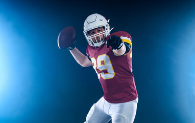 American football player in action. Template for a sports magazine on the theme of American football with copy space. Mockup for betting advertisement.