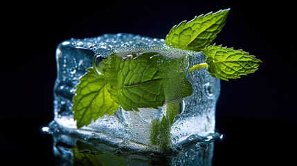 Fototapeta na wymiar mint leaves in ice cube, Generative Ai