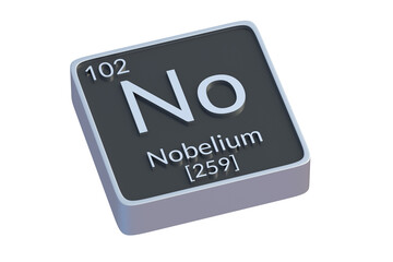 Nobelium No chemical element of periodic table isolated on white background. Metallic symbol of chemistry element. 3d render