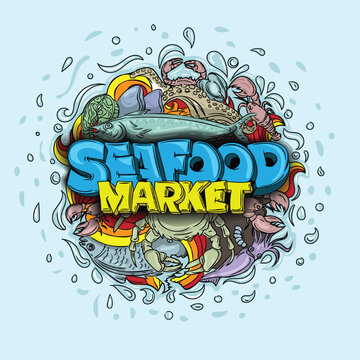 Seafood market letters in center with doodles hand drawn vector images around.