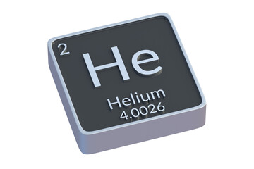 Helium He chemical element of periodic table isolated on white background. Metallic symbol of chemistry element. 3d render