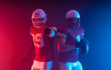 Two American football players in neon lights. Template for bookmaker ads with copy space. Mockup...