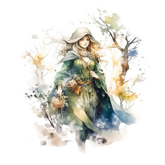 Forest fairy, a witch in a green costume walking through the forest. Illustration made in watercolor style. Generative ai