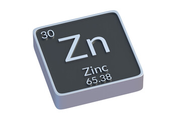 Zinc Zn chemical element of periodic table isolated on white background. Metallic symbol of chemistry element. 3d render