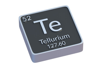 Tellurium Te chemical element of periodic table isolated on white background. Metallic symbol of chemistry element. 3d render