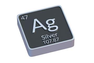 Silver Ag chemical element of periodic table isolated on white background. Metallic symbol of chemistry element. 3d render