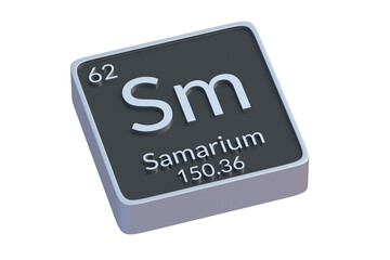 Samarium Sm chemical element of periodic table isolated on white background. Metallic symbol of chemistry element. 3d render