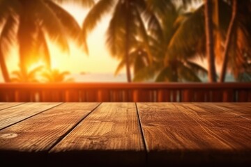 An empty wooden counter table top for product display. Tropical summer sunset beach bar background. Made with Generative AI