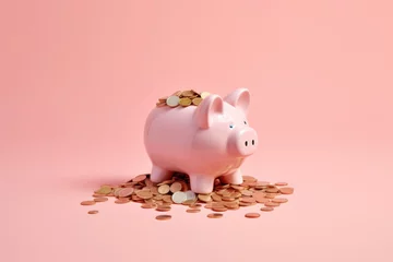 Fotobehang Conceptual wealth money saving piggy bank on coloured background. Created with Generative AI technology. © Twomeows_AS