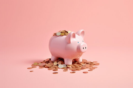 Conceptual wealth money saving piggy bank on coloured background. Created with Generative AI technology.