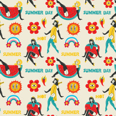 Retro Pin Up Girls Seamless Pattern. Background Wallpaper with summer girls with strawberry, banana and watermelon costume and sun, floower groovie stickers