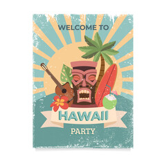 Design template of retro poster invitation for hawaiian party. Vector illustration