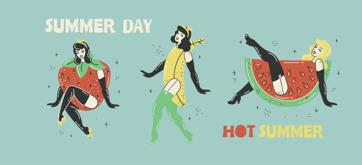 Obraz premium Beautiful young girl with fruits costume. Hot summer concept for advertising. Poster, sticker templates Vector background in in groovy pin-up pop art retro comic style.