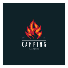 vintage and retro tent logo, camping. With tent, tree and bonfire sign. adventurers, scouts, climbers, camping equipment center