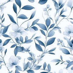 Fototapeta na wymiar Seamless pattern with blue flowers. Watercolor flowers, leaves. Elegant endless botanical AI Illustration, wallpaper, background. Repeat fashion print for fabric, clothes. 