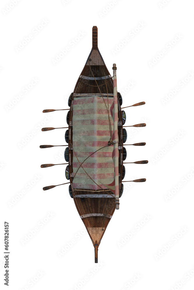 Poster Overhead view of a medieval Viking long boat. 3D rendering isolated.
