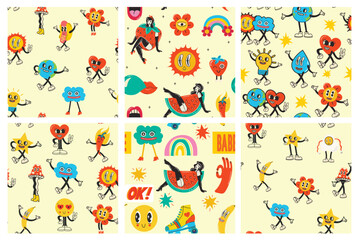 Colorful funny happy face label seamless pattern set. Collection of trendy retro sticker cartoon backgrounds. Weird comic character art wallpaper