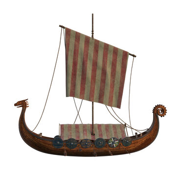 Viking wooden long boat with a dragon head carving on the bow viewed from the port side. Isolated 3D illustration.