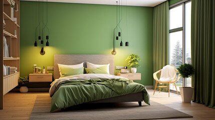 Green bedroom. Scandinavian interior design. Generative Ai