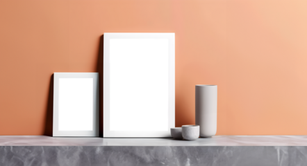 Photo frame with transparent cutout on background with vase and abstract deco, PNG file. Mockup template for artwork design. Copy text space. 3D rendering
