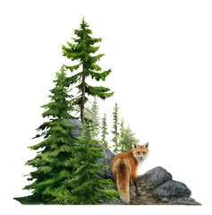 Landscape with trees (spruces), rocks and a fox hand drawn in watercolor isolated on a white background. Watercolor illustration.	