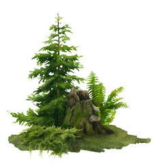 A forest landscape with a stump, fir, fern and juniper hand drawn in watercolor. Watercolor landscape illustration.	