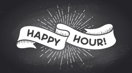 Happy Hour, ribbon banner. Black white ribbon banner with text, phrase Happy Hour. White isolated vintage graphic silhouette ribbon, text chalk happy hour on black chalkboard. Vector Illustration - 607826717