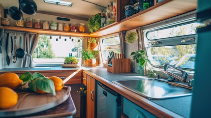 cozy kitchen interior in the trailer of mobile home or recreational vehicle, concept of family local travel in native country on caravan or camper van and camping life. Generative Ai - obrazy, fototapety, plakaty