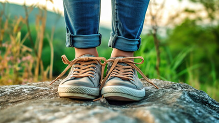 Feet girl and sneakers on nature background in holiday,Relax time,selective focus. Generative Ai