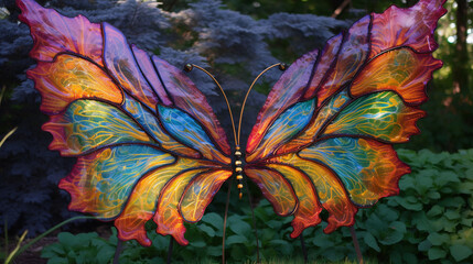 Radiant Glass Butterfly - created with generative AI technology -  vibrant glass butterfly standing in the garden, surrounded by colorful shrubs in the background.
