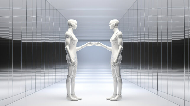 Ethereal Encounter - created with generative AI technology
- a minimalist environment adorned with mirrored surfaces, two figures engage in an elegant gesture of connection and mutual respect