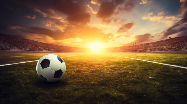 Sunset Serenity on the Football Field - Experience the tranquility of a football field at sunset, with a wide-angle view of a ball resting on the turf. The backdrop showcases the vibrant stadium 