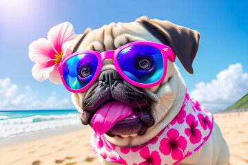 Obraz na płótnie Canvas Cute pug dog wearing sunglasses with hibiscus flower on the beach. generative ai.