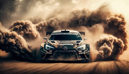 Rally Car Driving in Dirt, Causing Black Clouds of Dust. Generative ai