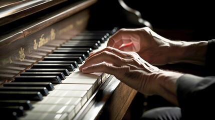 Hands playing a grand piano closeup with a dramatic interplay of light and shadow highlighting. Generative AI