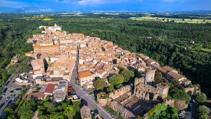 Poster Italy travel and landmarks. Famous historic Etruscan city Nepi in Tuscia, Viterbo province. Popular tourist destination and attration. Aerial drone view © Freesurf