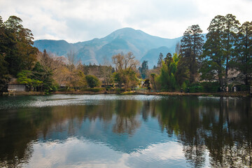 Kyushu, Yufuin, Beautiful winter in lake kinrin, small lake with clear water from a hot spring and Mount Yufu in Sunny day, Oita, Japan.
