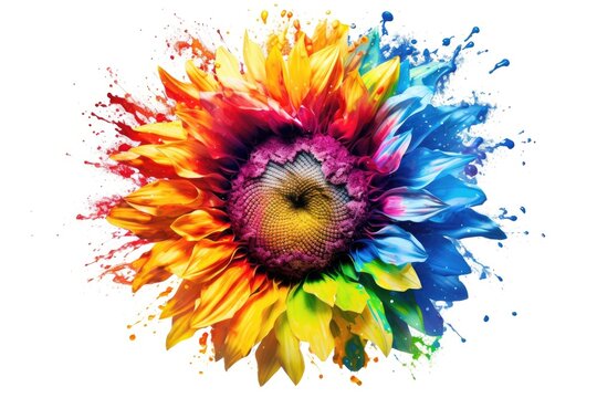 Beautiful sunflower flower with multiple paint colors and white background Generative AI Illustration