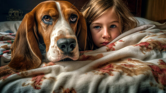 Basset Hound dog lying with a girl on the bed