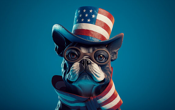 French Bulldog wearing sunglasses, top hat and scarf in colors of american flag. Independence day, 4th of July celebration. Generative Ai image