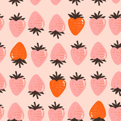 Groovy hippie 70s seamless pattern with strawberries. Funny cartoon elements etc. Vector cards in trendy retro psychedelic cartoon style. Vector backgrounds. Stay groovy. Good vibes.