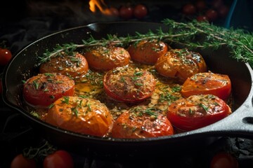 fire-roasted tomatoes in a cast iron skillet with garlic and herbs